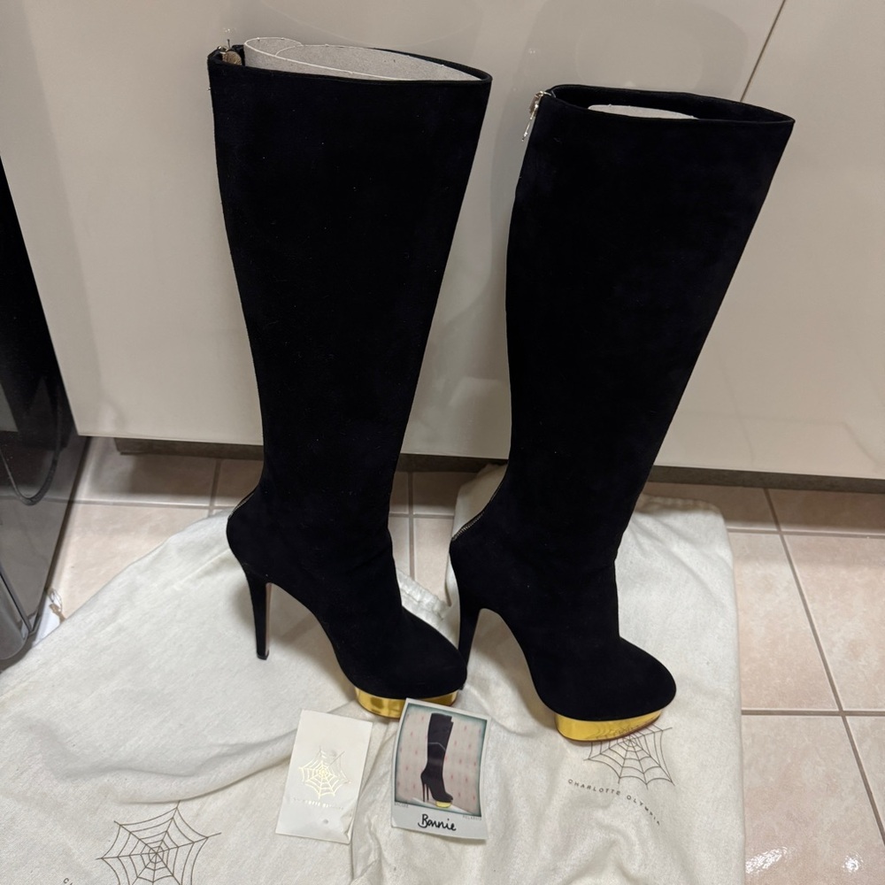 Charlotte Olympia Black Heeled Boots with Gold Tips
